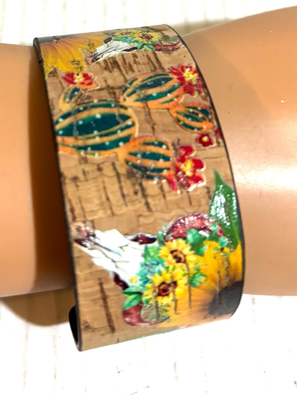 Handpainted Southwestern Cactus & Sunflower Cuff Bracelet - Teal, Yellow, Red